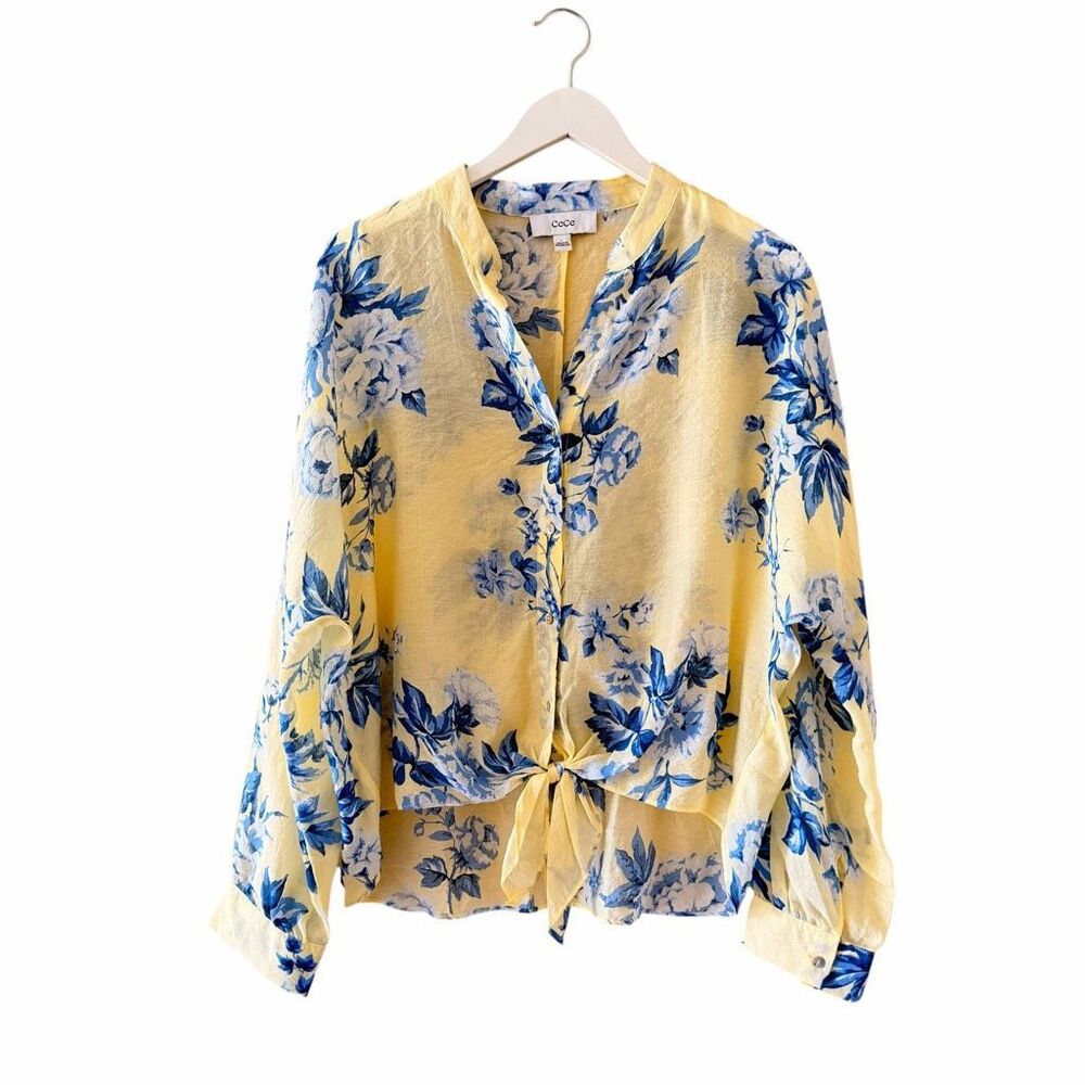 CeCe Floral Button Down Yelllow Blue Toile Pattern Sz L # 2614 - Picture 1 of 13